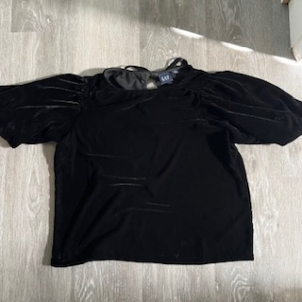 🧡3/15 GAP Velvet Puff Sleeve Top Black Women's SP
